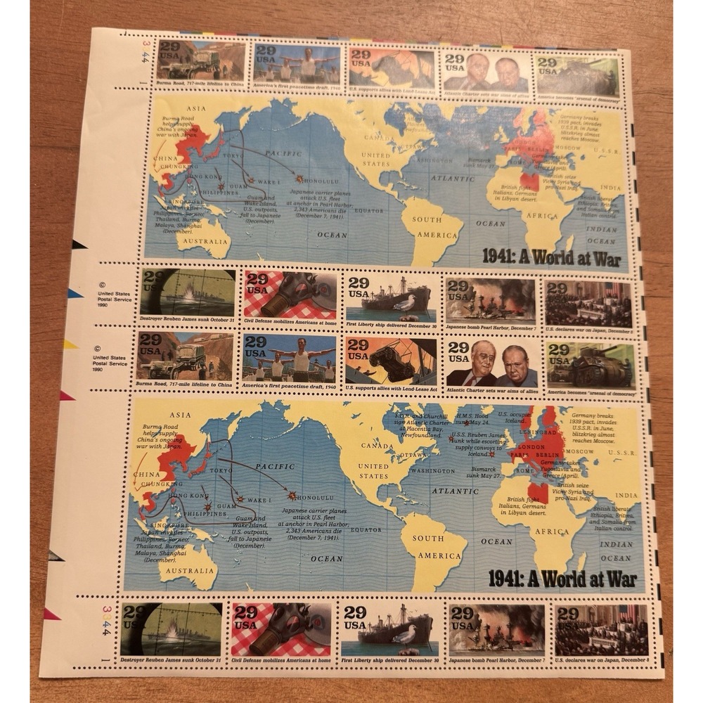 WW2 1941: A World at War‎ Souvenir Sheet of 20 Stamps 1990 USPS. MNH